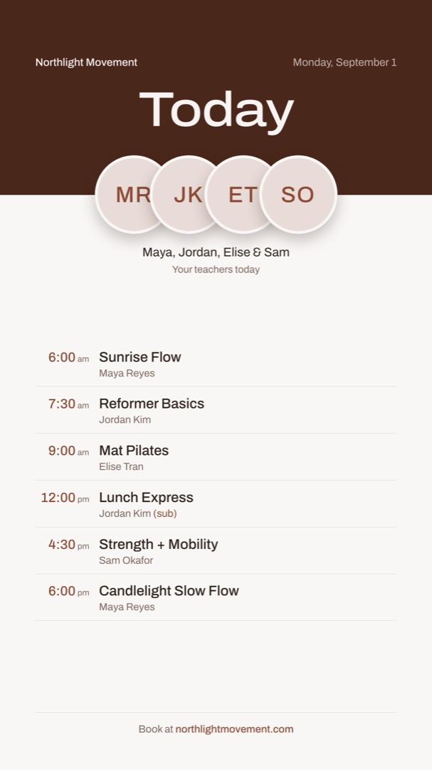 Today's schedule as a story, for a placeholder studio