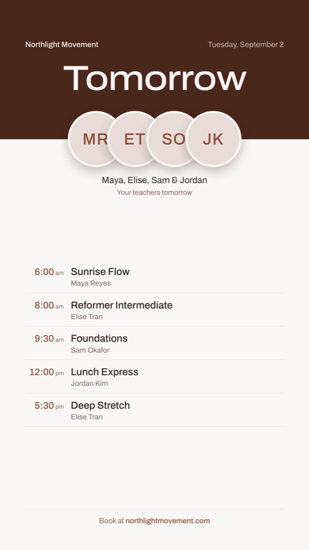 Tomorrow's schedule as a story, for a placeholder studio